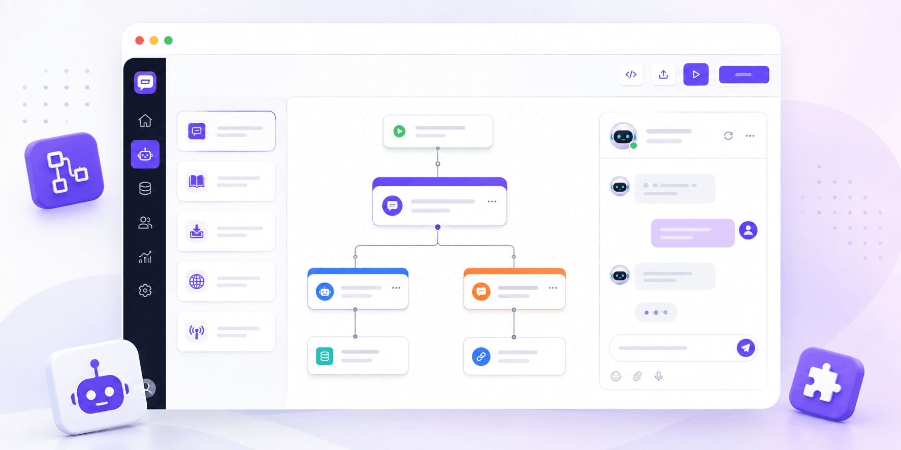 TheBotBuilder AI Assistant Builder dashboard featuring a visual chatbot workflow builder, drag-and-drop automation editor, conversation designer, live AI chat preview, and enterprise bot management tools.