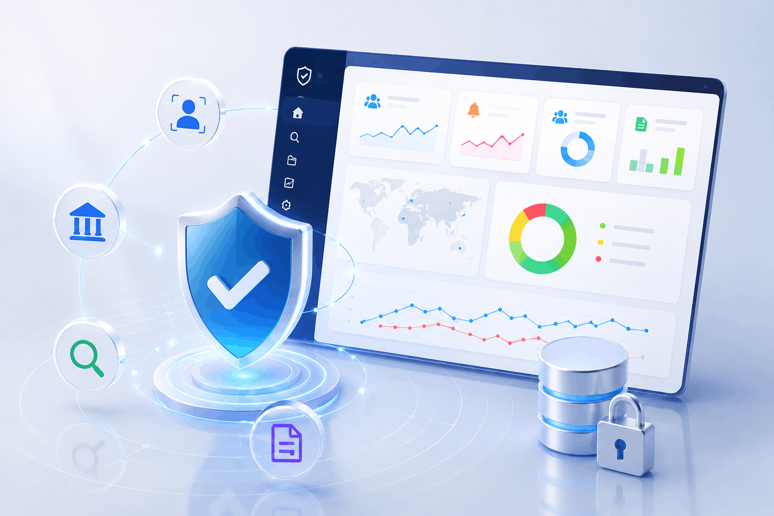 Enterprise anti-money laundering dashboard displaying compliance monitoring, transaction analysis, KYC verification, fraud detection, risk alerts, and secure financial analytics.