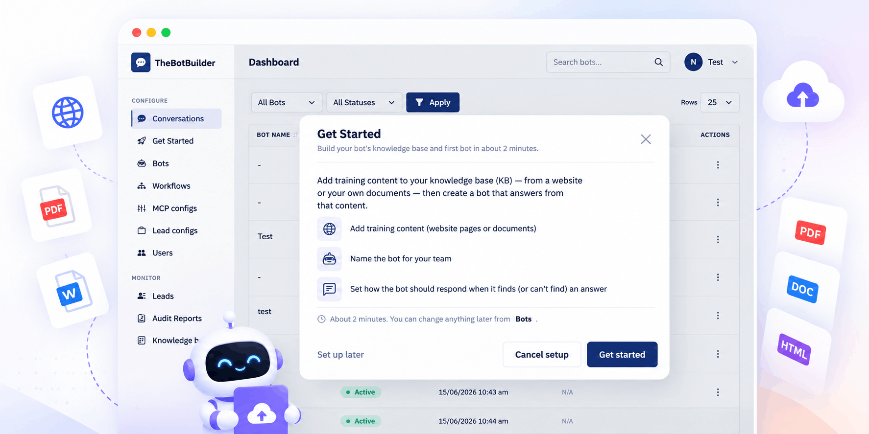 TheBotBuilder Knowledge Base Training interface showing AI bot setup with website and document upload options, knowledge base configuration, and automated AI assistant training dashboard.