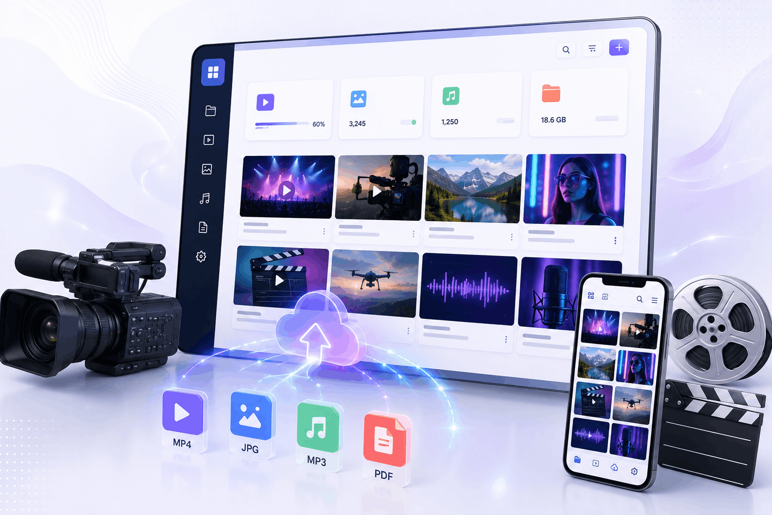 Digital asset management dashboard for organizing images, videos, audio, and documents with cloud storage, media library, content management, and file synchronization tools.