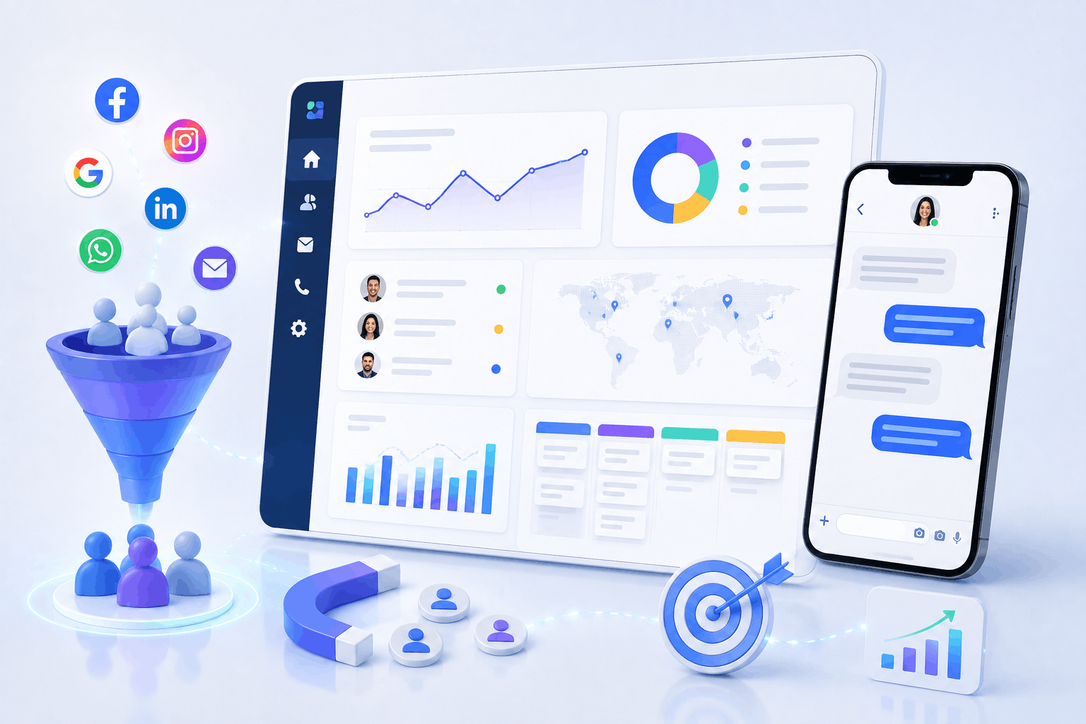 Customer engagement and marketing automation dashboard featuring lead management, omnichannel messaging, CRM analytics, campaign tracking, and customer acquisition workflows.