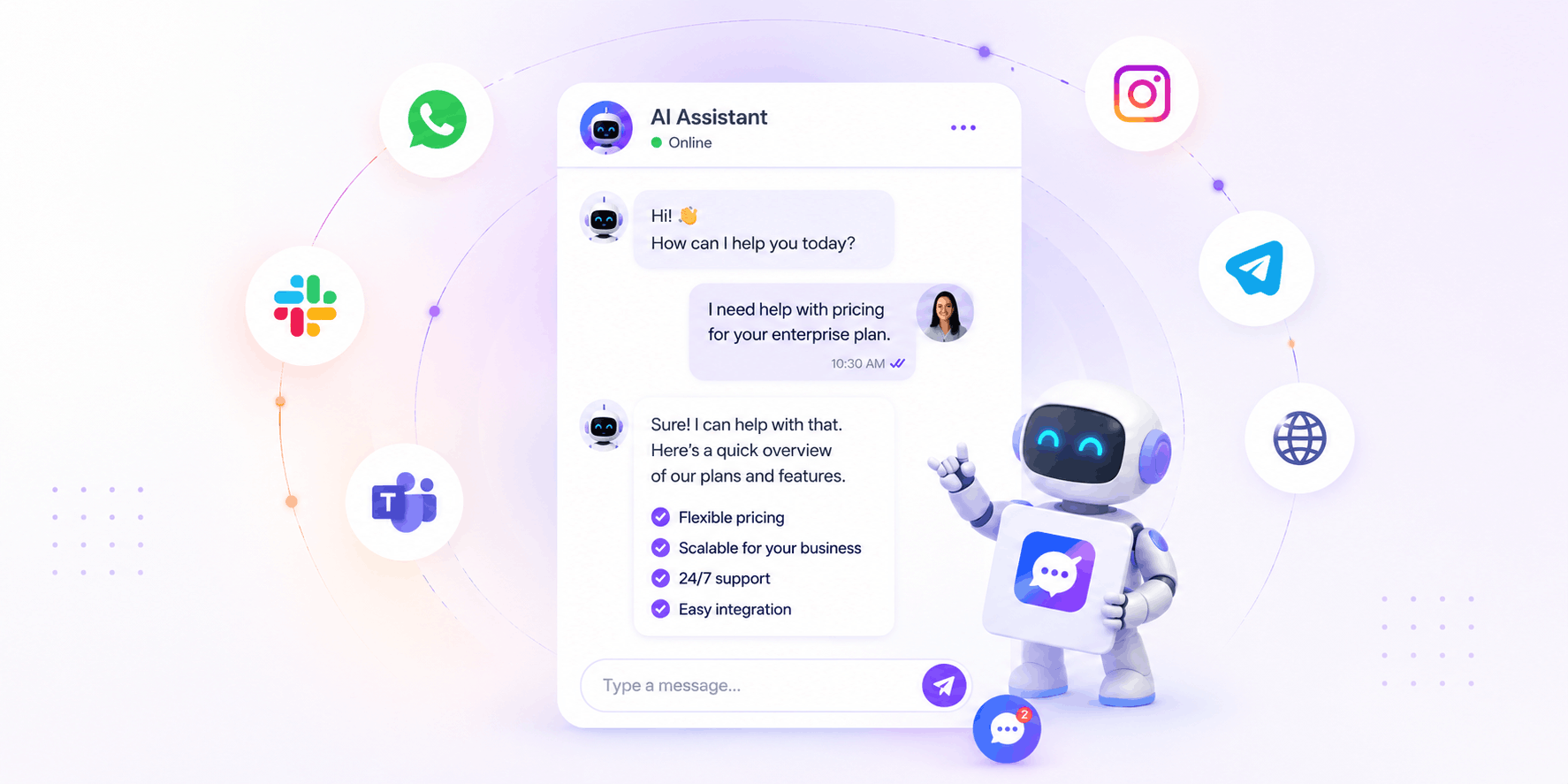 TheBotBuilder AI Assistant platform illustration showing an intelligent chatbot connected to Sales, Customer Support, HR, Marketing, Operations, and Internal Knowledge for business automation.