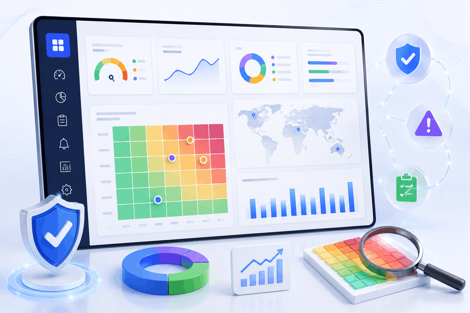 Enterprise risk management dashboard with risk heatmaps, analytics, compliance monitoring, performance charts, security indicators, and real-time business risk assessment.
