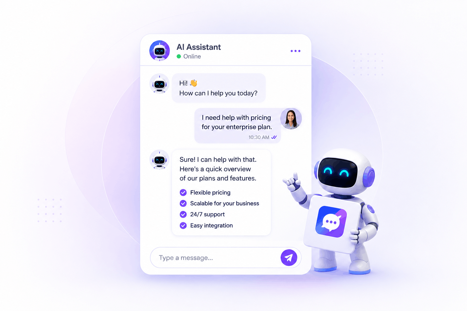 TheBotBuilder AI Assistant interface featuring an enterprise chatbot conversation, intelligent virtual assistant, and 3D AI robot illustrating AI-powered customer support and business automation.