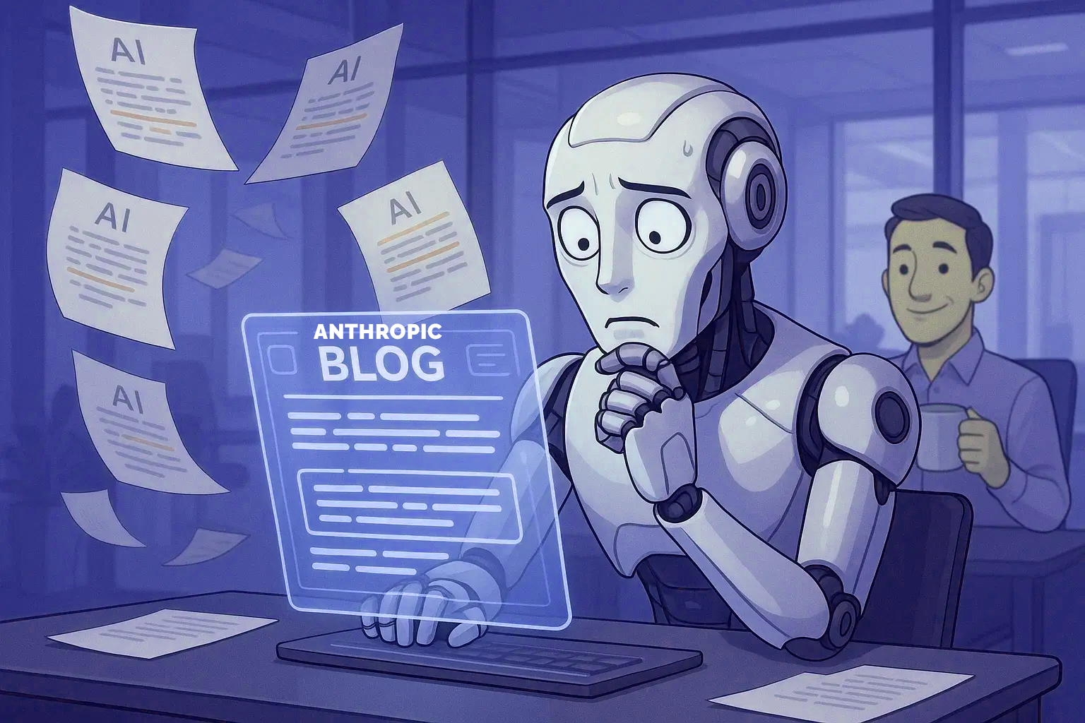 A humanoid robot sits at a desk anxiously typing on a holographic screen labeled 'Anthropic Blog', surrounded by floating AI-generated documents, while a human in the background watches calmly with a cup of coffee