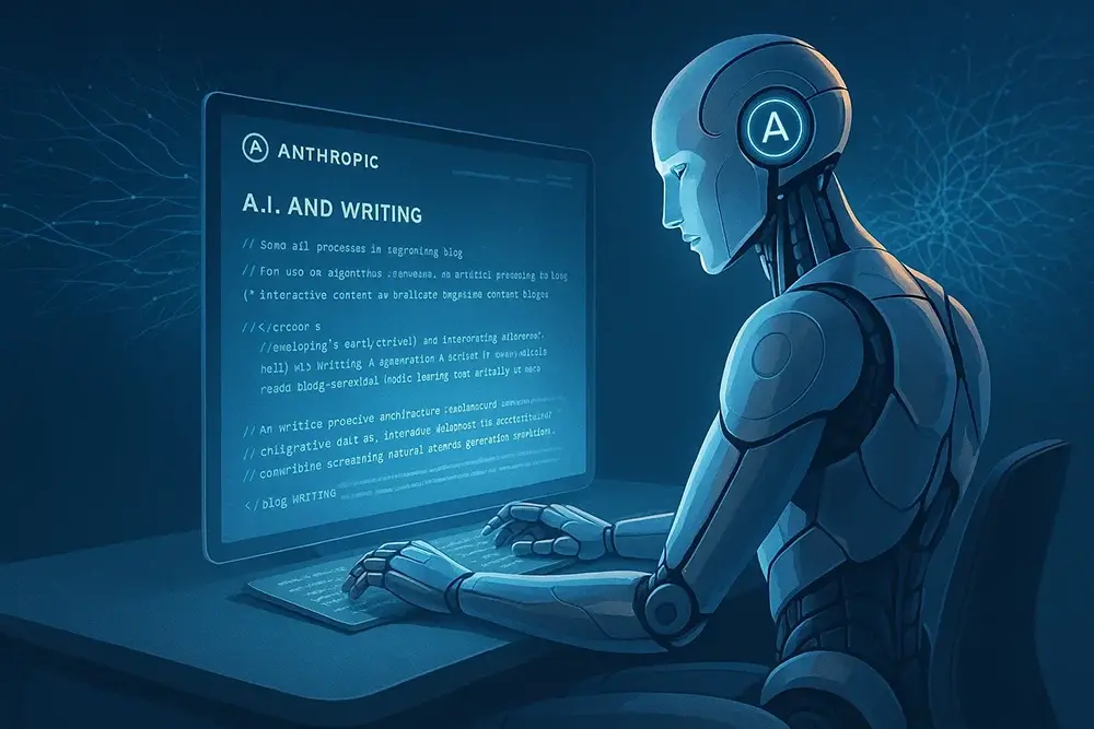 Futuristic robot with an 'A' headset sits at a desk typing on a computer screen labeled ‘Anthropic – A.I. and Writing,’ symbolizing an AI model autonomously writing blog content in a dimly lit, high-tech environment.
