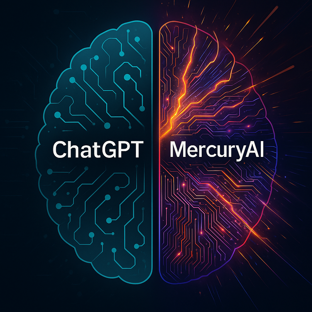 Digital illustration of a brain split in half, with the left side labeled 'ChatGPT' using cool blue circuit lines, and the right side labeled 'MercuryAI' with vibrant orange and purple glowing circuit patterns, symbolizing a comparison between traditional and next-gen AI models.